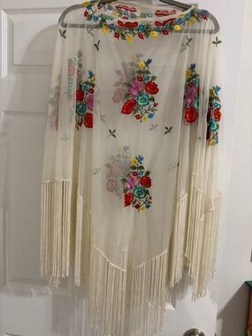 Embroidered Floral Fringe Shawl — Ivory with Red, Pink & Blue Flowers